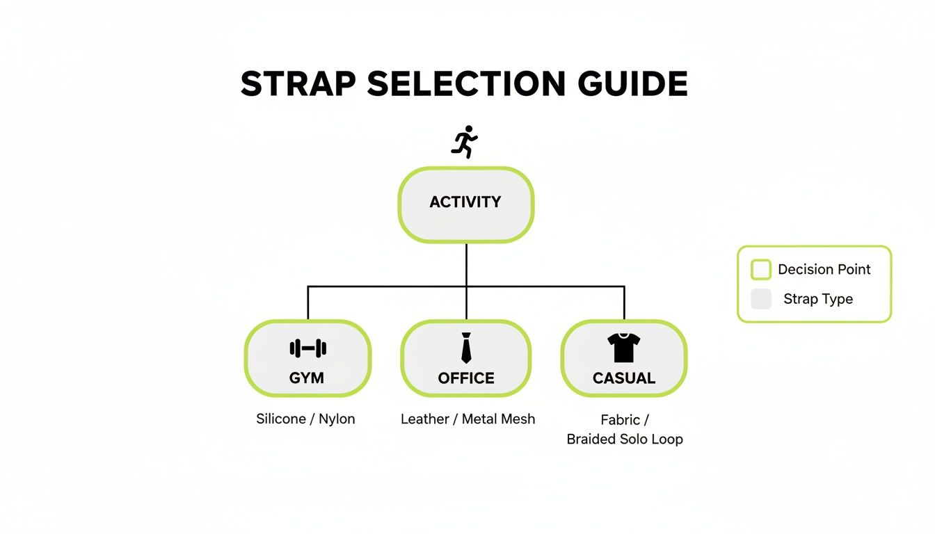 Flowchart guide for selecting watch straps based on activity: Gym, Office, or Casual, with suggested materials.