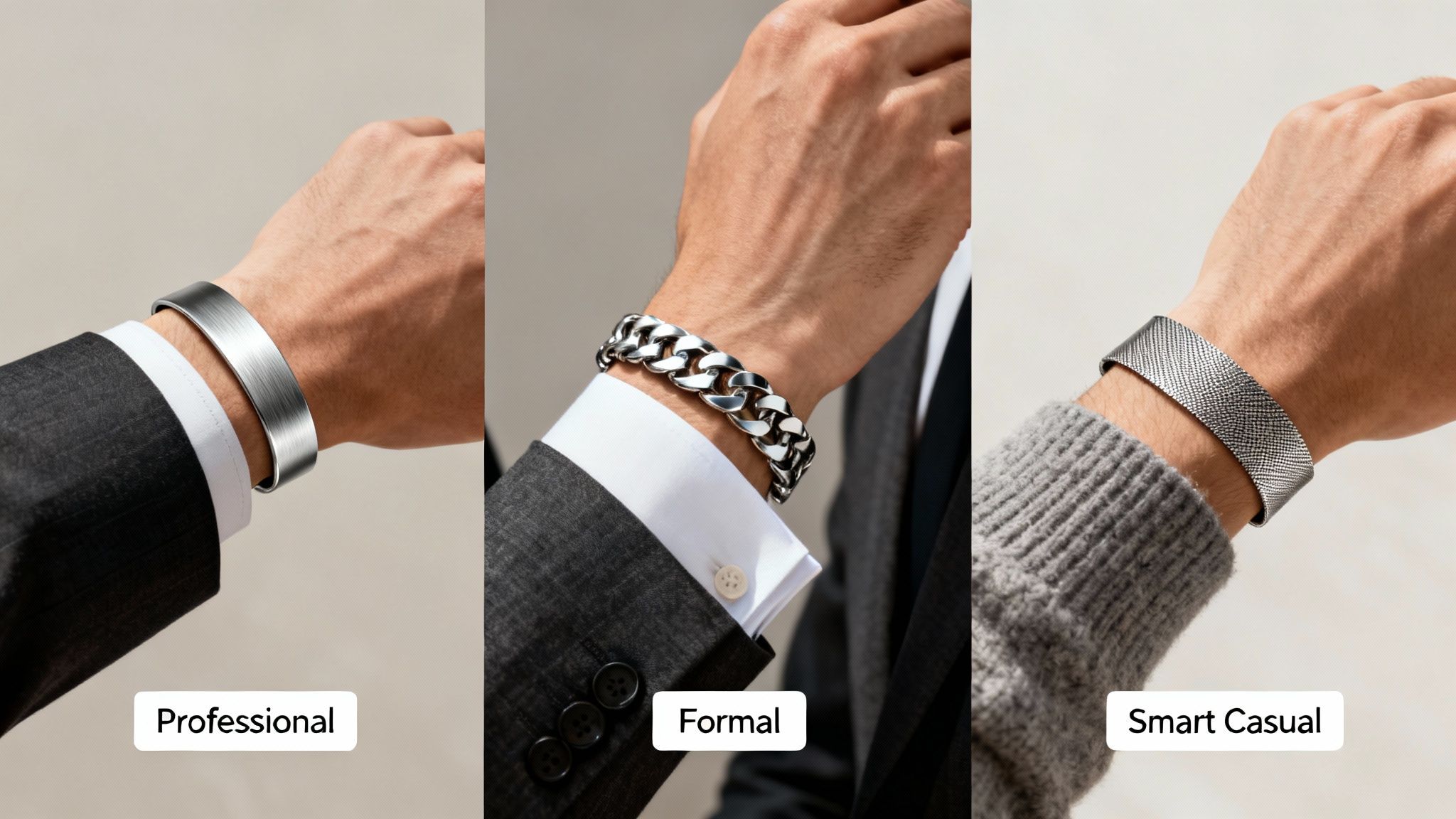 Three men's wrists showcasing different metal bracelets for professional, formal, and smart casual attire.