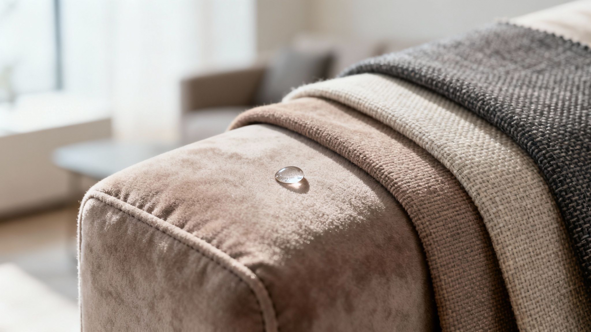 Close-up of a water droplet on a beige sofa armrest, showcasing water-resistant fabric with various upholstery swatches.