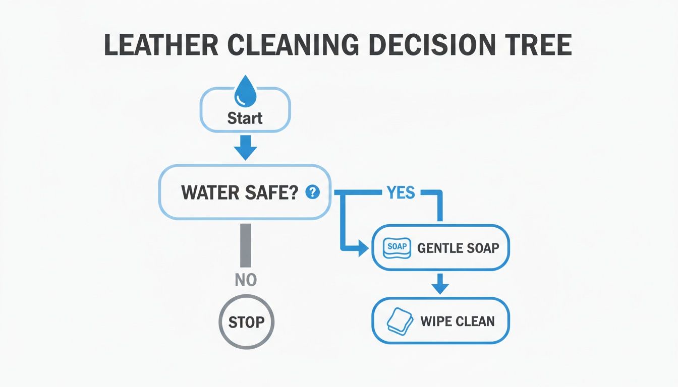 Flowchart illustrating a leather cleaning decision tree, guiding users on water safety and cleaning steps.