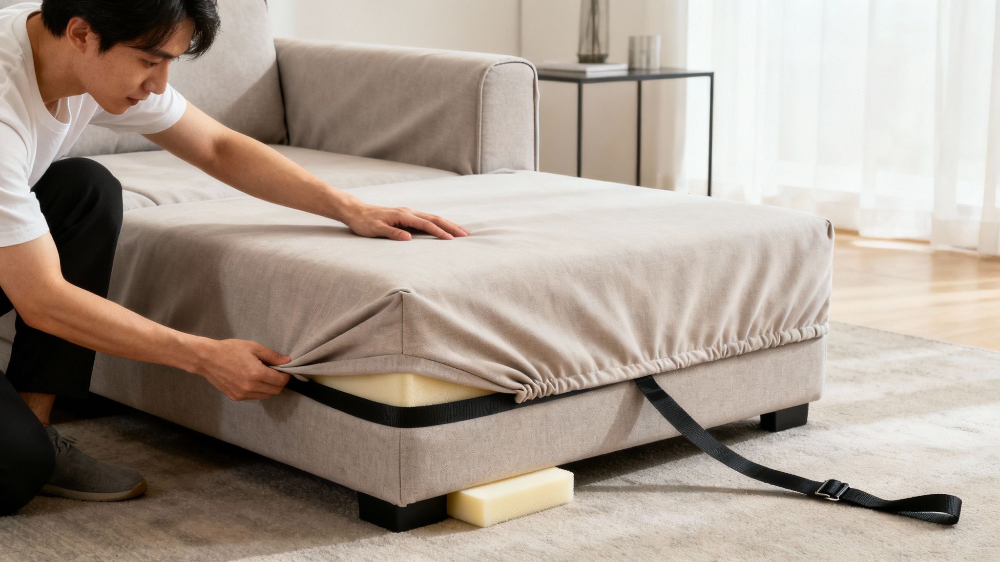 Man fitting a beige elasticized cover onto a modular sofa, revealing inner foam.