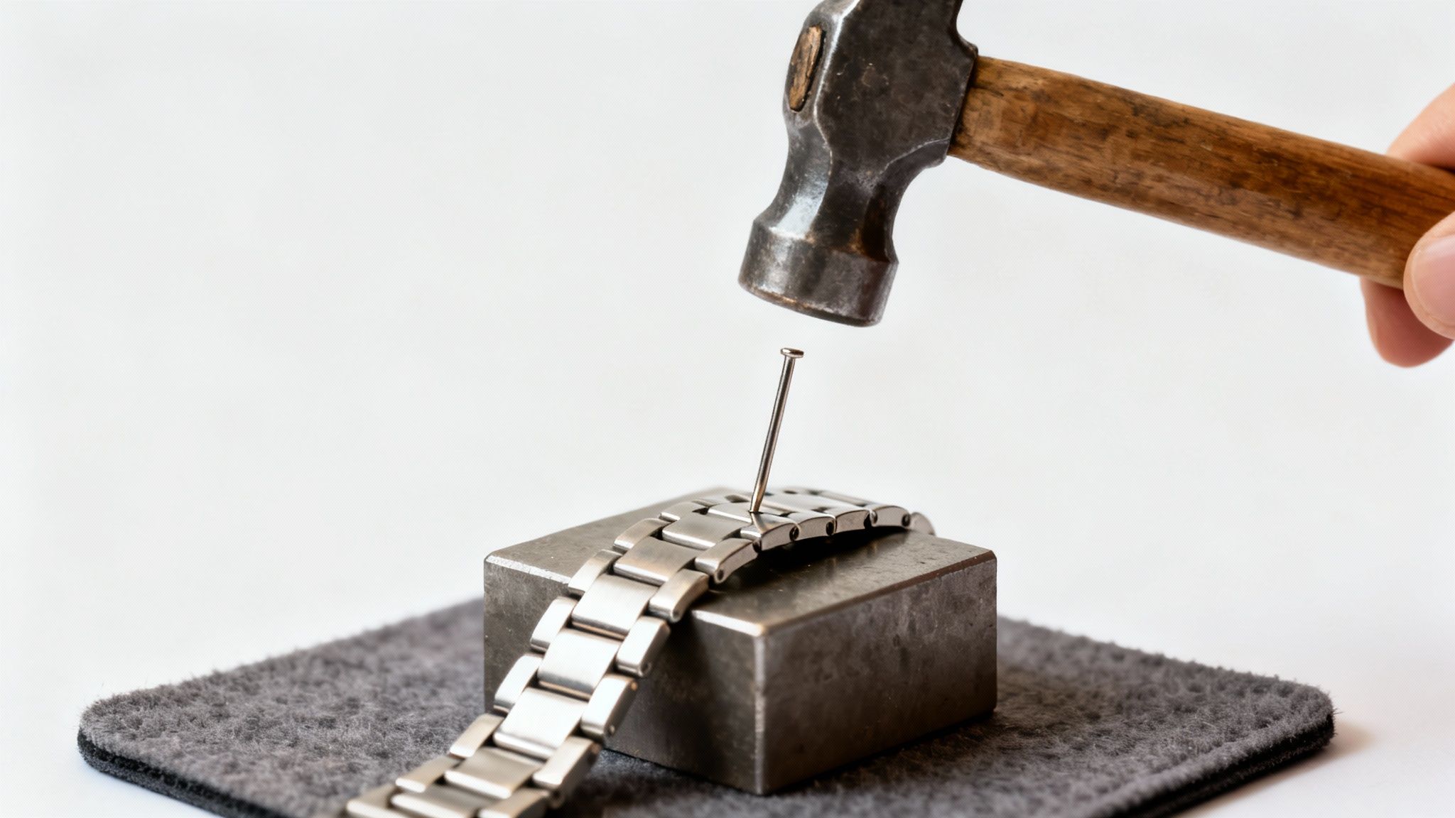 A hand uses a hammer to hit a nail on a metal watch band for adjustment.