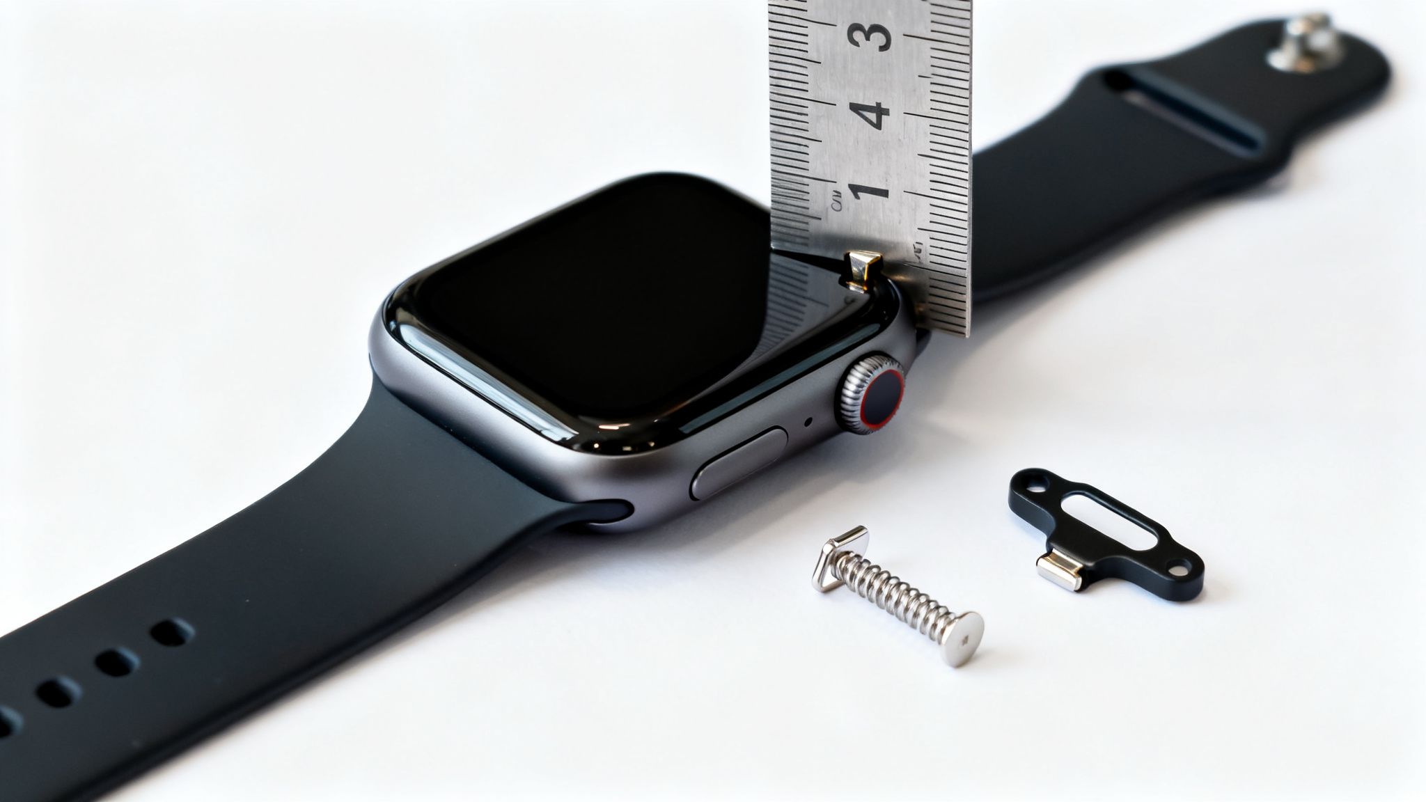 An Apple Watch with a black strap being measured by a metal ruler, with watch band parts nearby.
