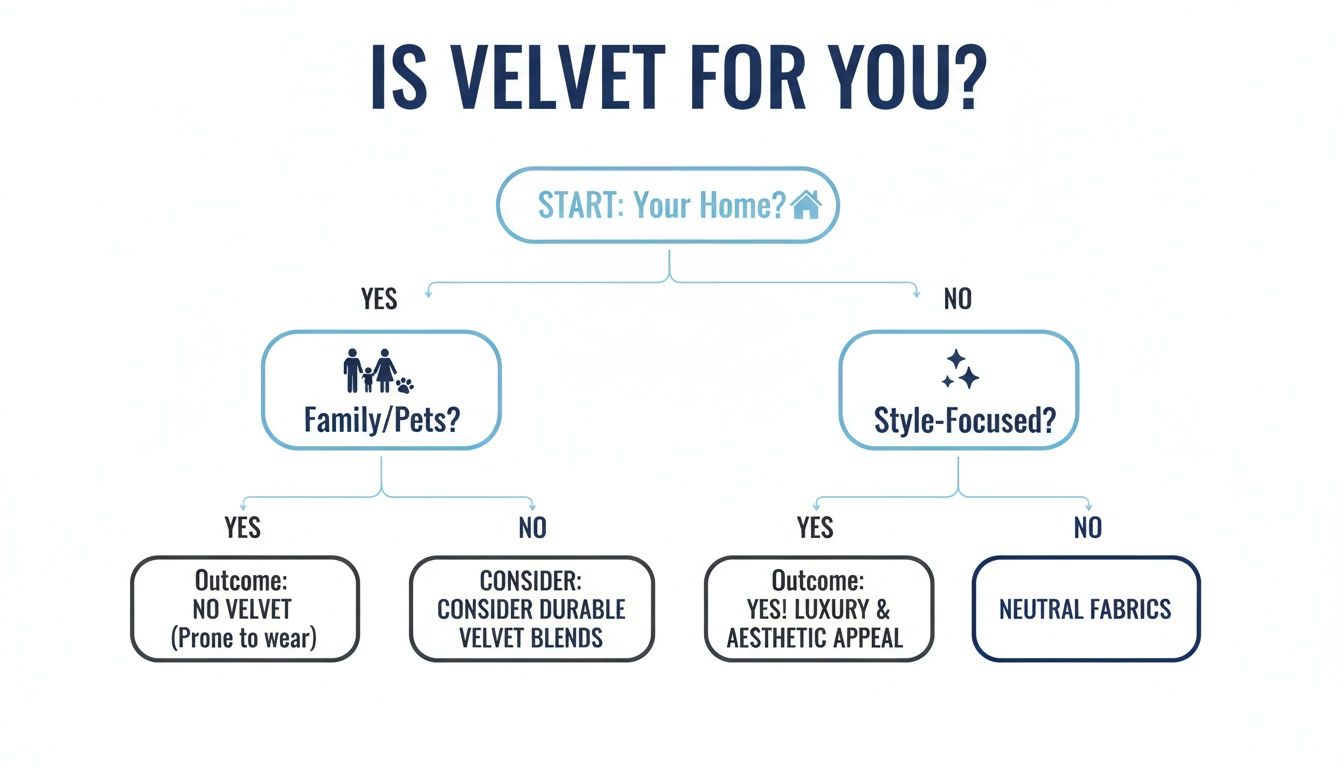 Un organigramme décisionnel intitulé « Le velours est-il fait pour vous ? » aidant les propriétaires à choisir un tissu en velours en fonction de leur style de vie.