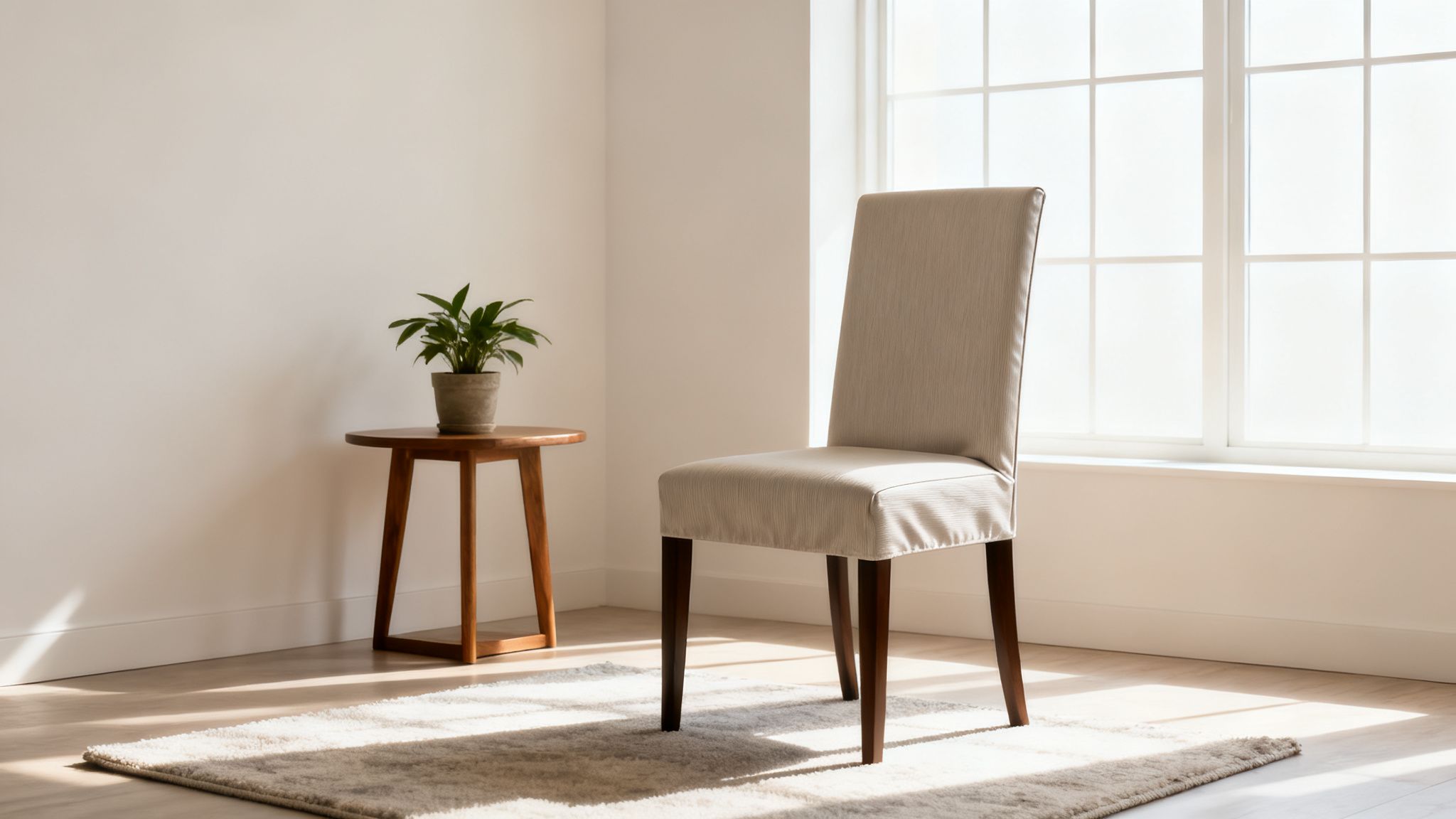 A beige upholstered dining chair next to a wooden side table with a plant, in a bright room with a large window.