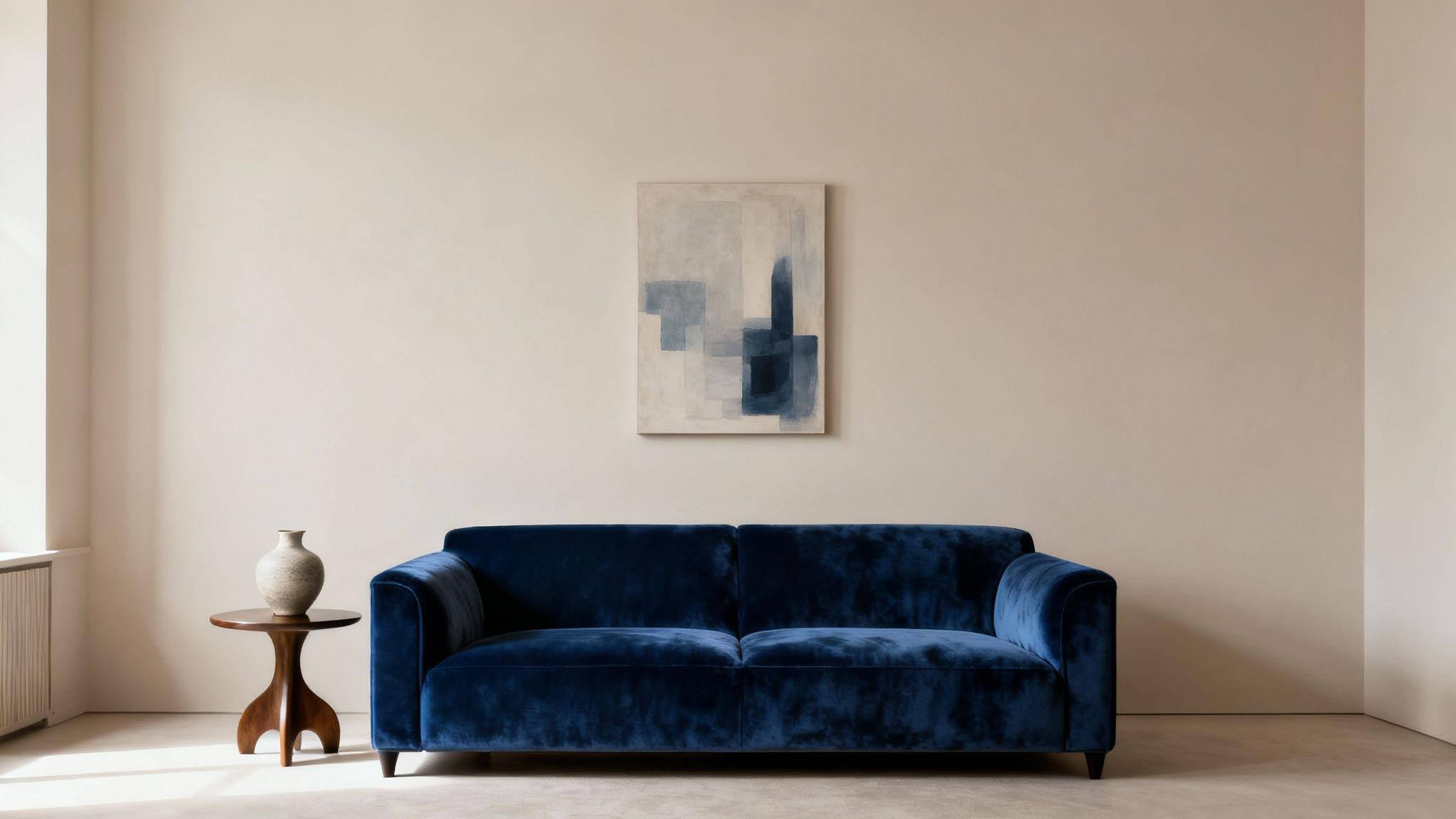 Minimalist living room with a blue velvet sofa, side table with a vase, and abstract wall art.