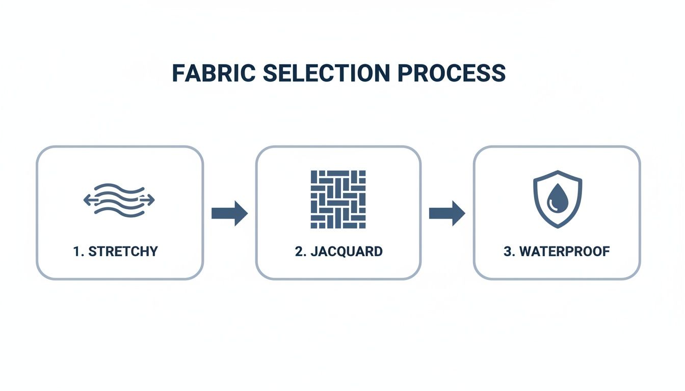 Infographic illustrating a fabric selection process with three key features: stretchy, jacquard, and waterproof.