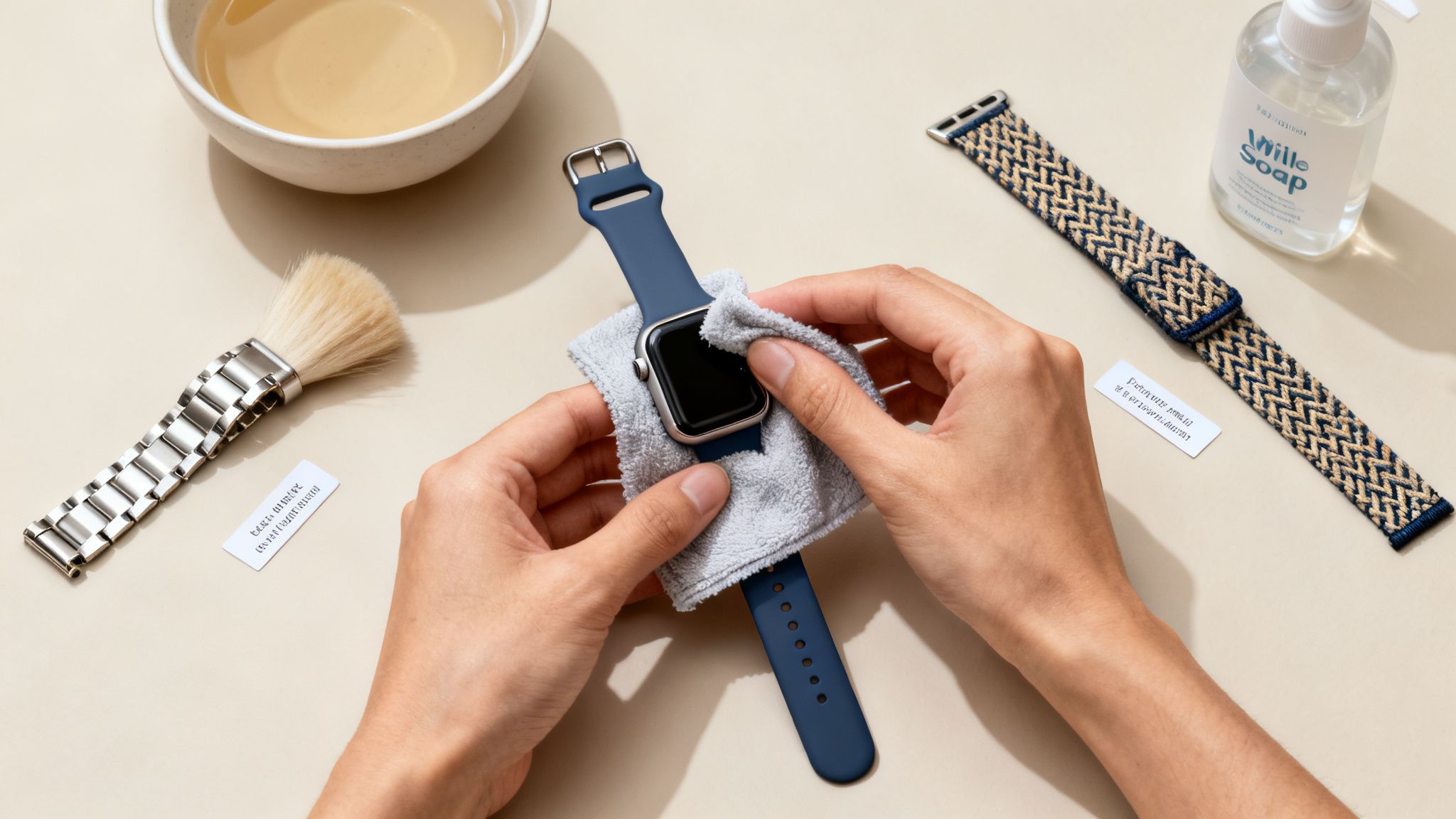 Hands carefully cleaning an Apple Watch with a blue band using a soft cloth, surrounded by watch cleaning tools.