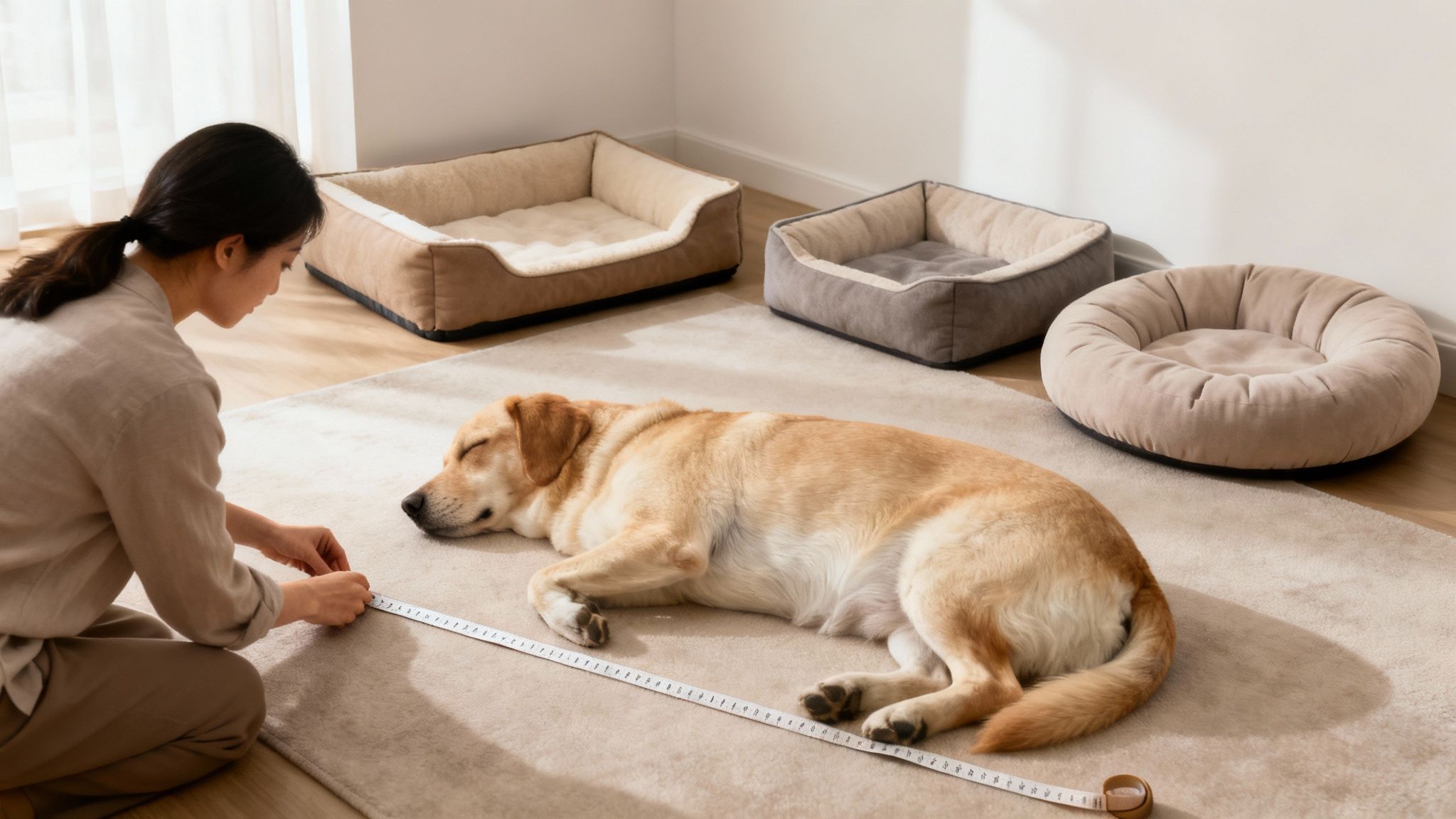 A woman measures her sleeping golden retriever dog on a rug, with three dog beds nearby.