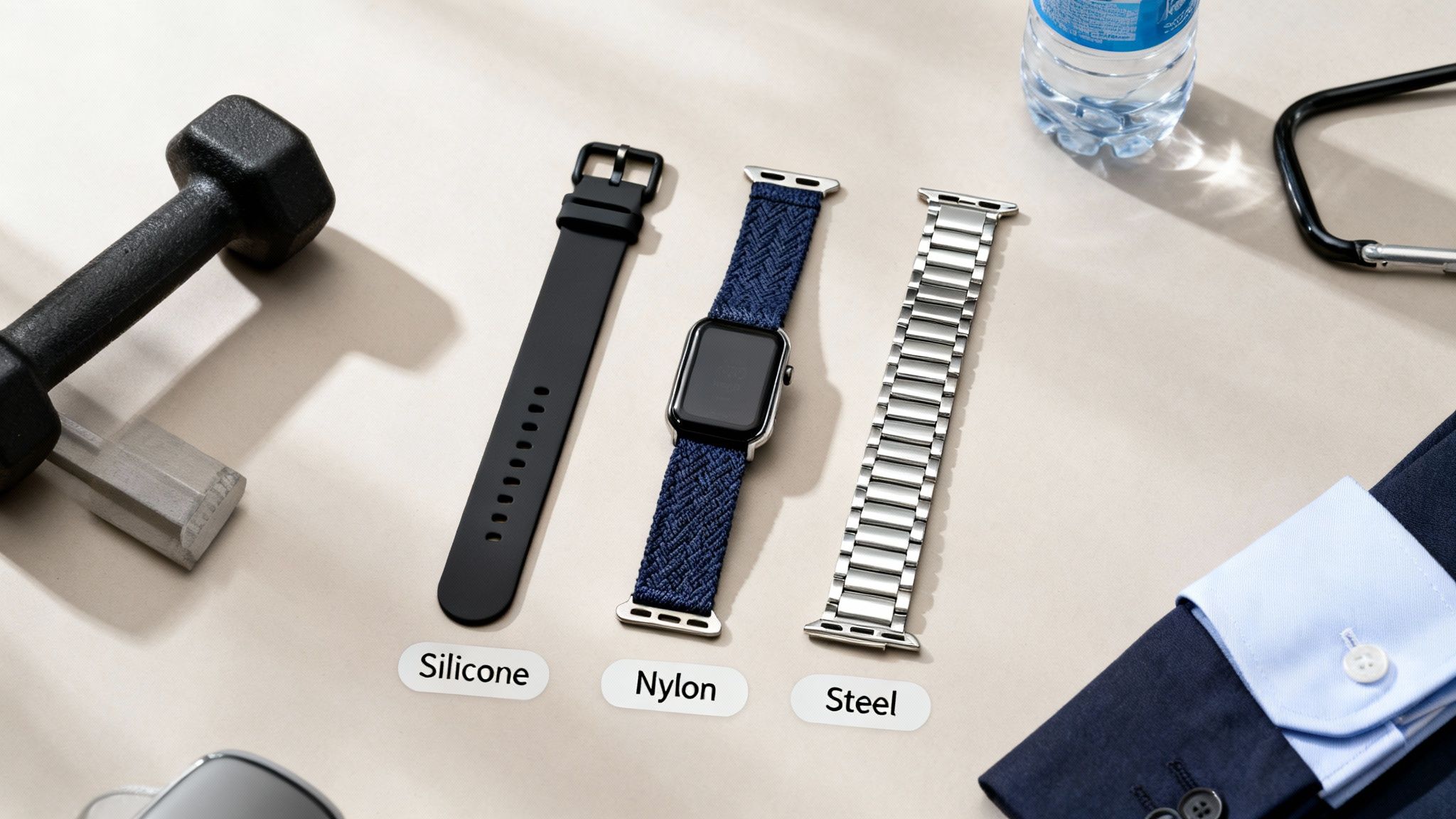 Three smartwatch straps (silicone, nylon, steel) shown with fitness, casual, and formal accessories.