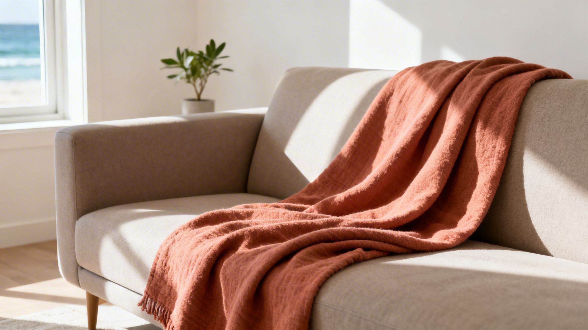 A cozy living room scene with a light beige sofa, a terracotta blanket, and a window overlooking the ocean.
