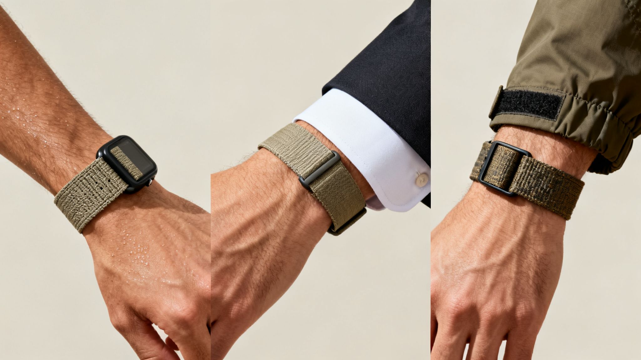 Close-up of three hands wearing versatile green nylon watch straps for different occasions.
