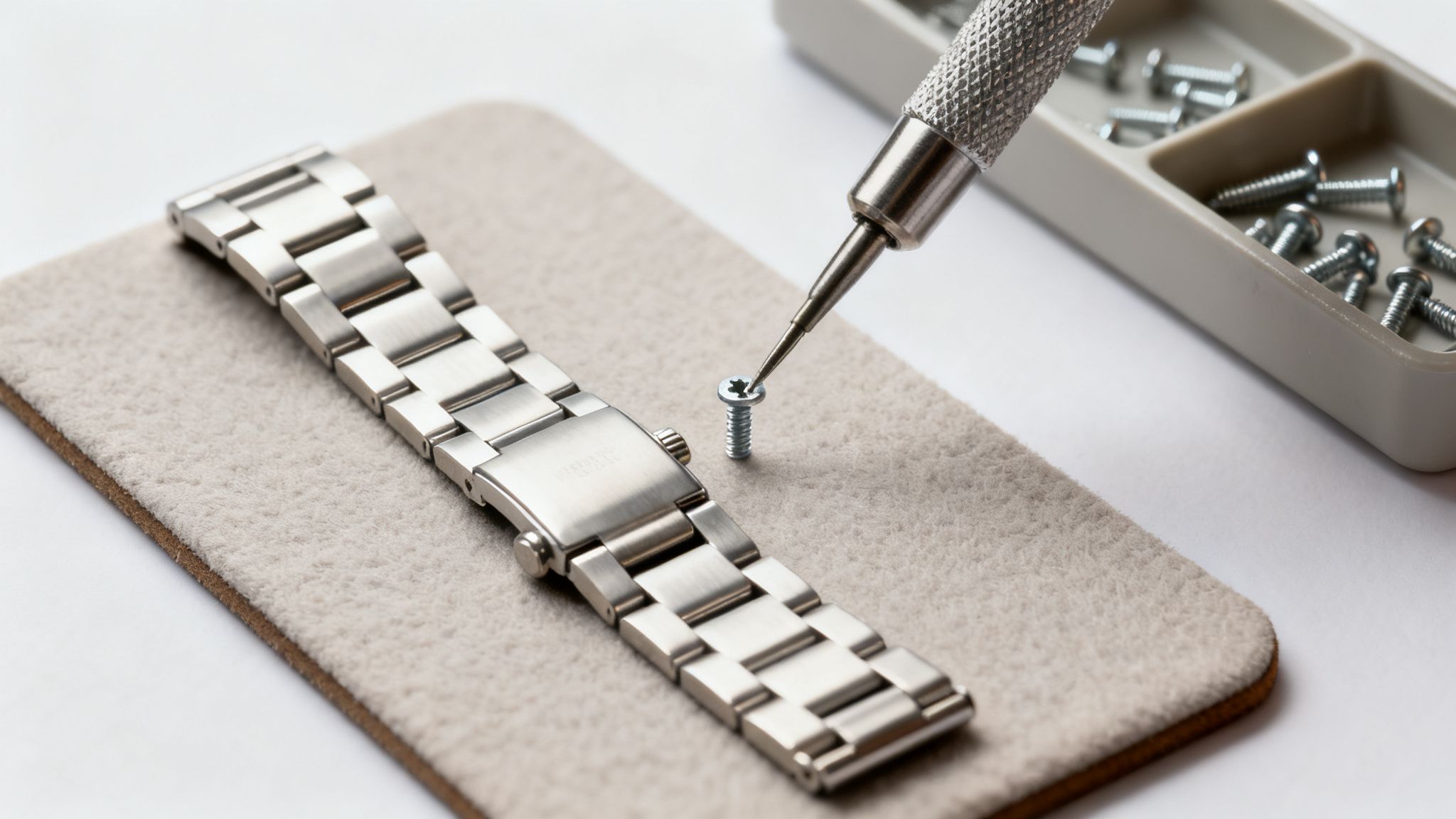 Close-up of a metal watch band on a felt mat with a screwdriver adjusting a small screw.