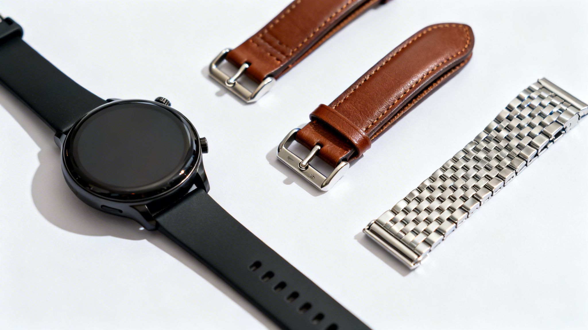 A black smartwatch with a black strap alongside brown leather and silver metal watch bands.