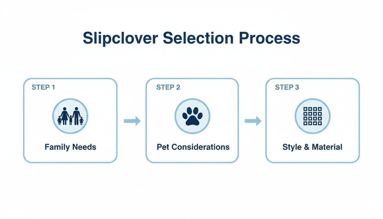A three-step Slipclover selection process showing family needs, pet considerations, and style & material.