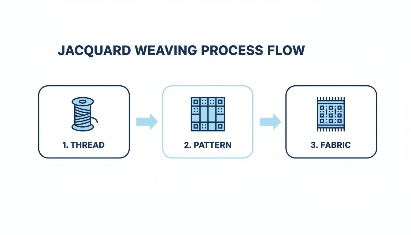 A three-step process flow diagram illustrating Jacquard weaving: thread, pattern, and fabric creation.