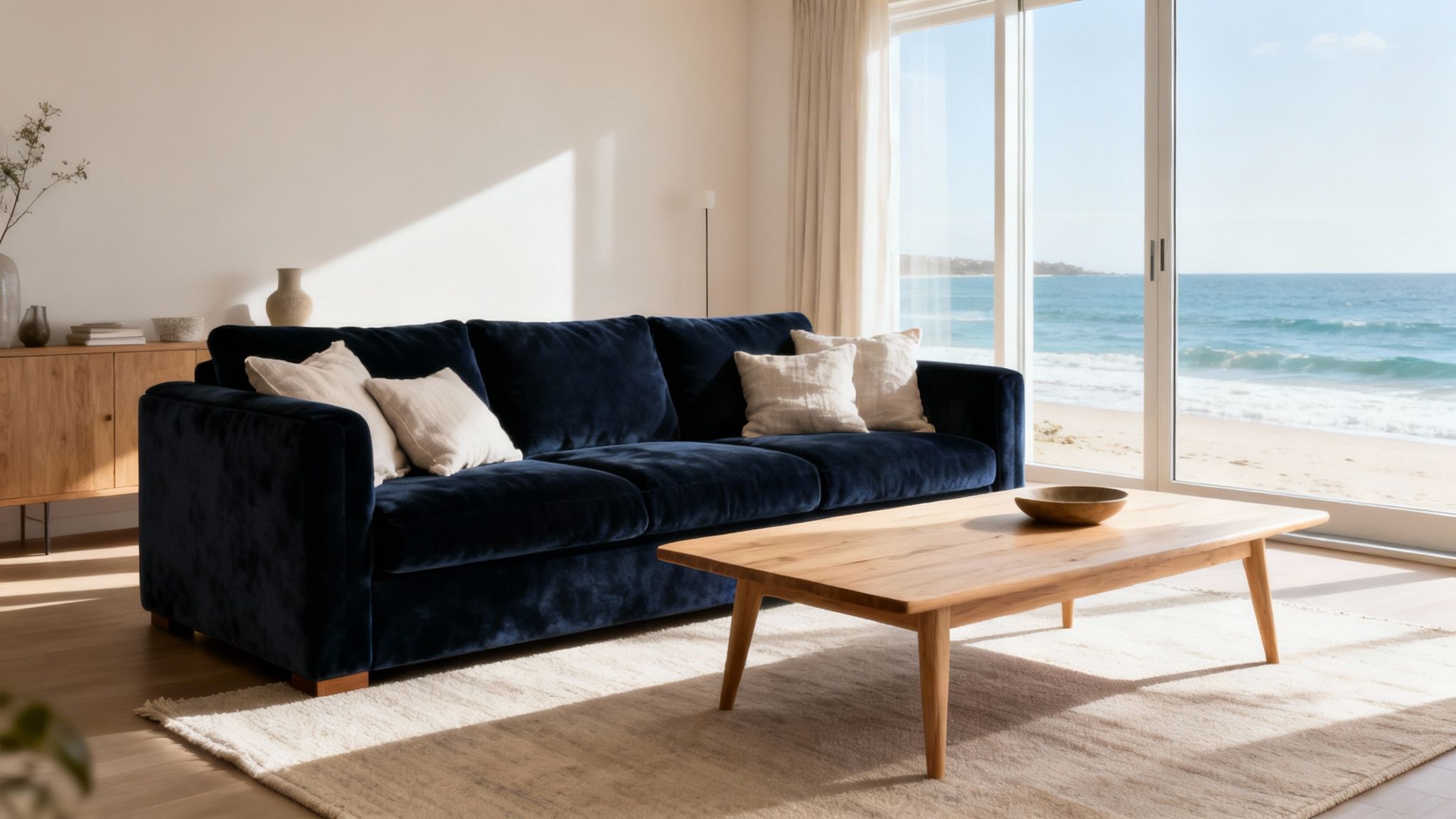 Élégant salon côtier avec canapé en velours bleu marine, meubles en bois et vue sur l'océan.