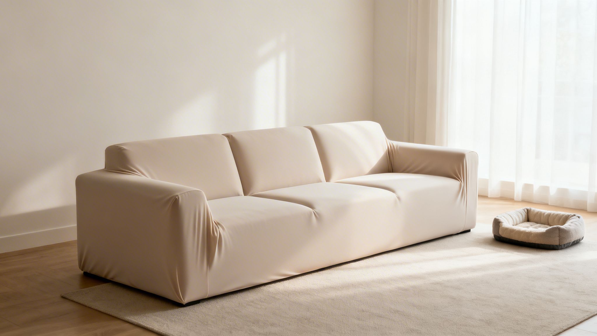A modern three-seater beige sofa with a slipcover, a pet bed on a rug, and sunlight streaming through a window.