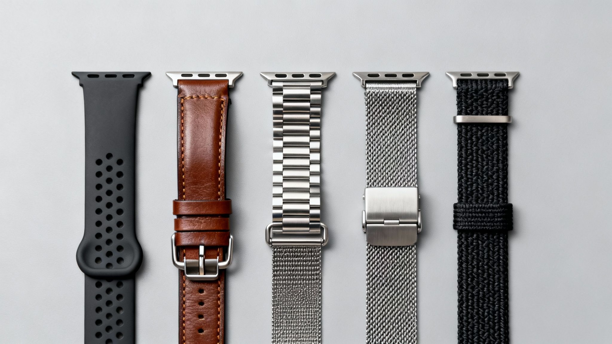 Top-down view of five diverse smartwatch bands, including silicone, leather, metal, and fabric, on a light grey surface.
