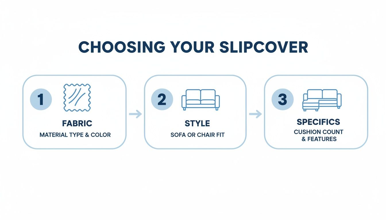 Infographic showing the three-step process for choosing a slipcover: fabric, style, and specific features.