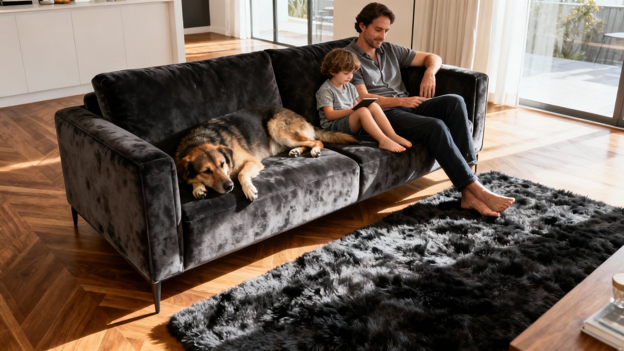 Un père, son fils et leur chien se détendent sur un canapé en velours gris foncé dans un salon baigné de soleil.