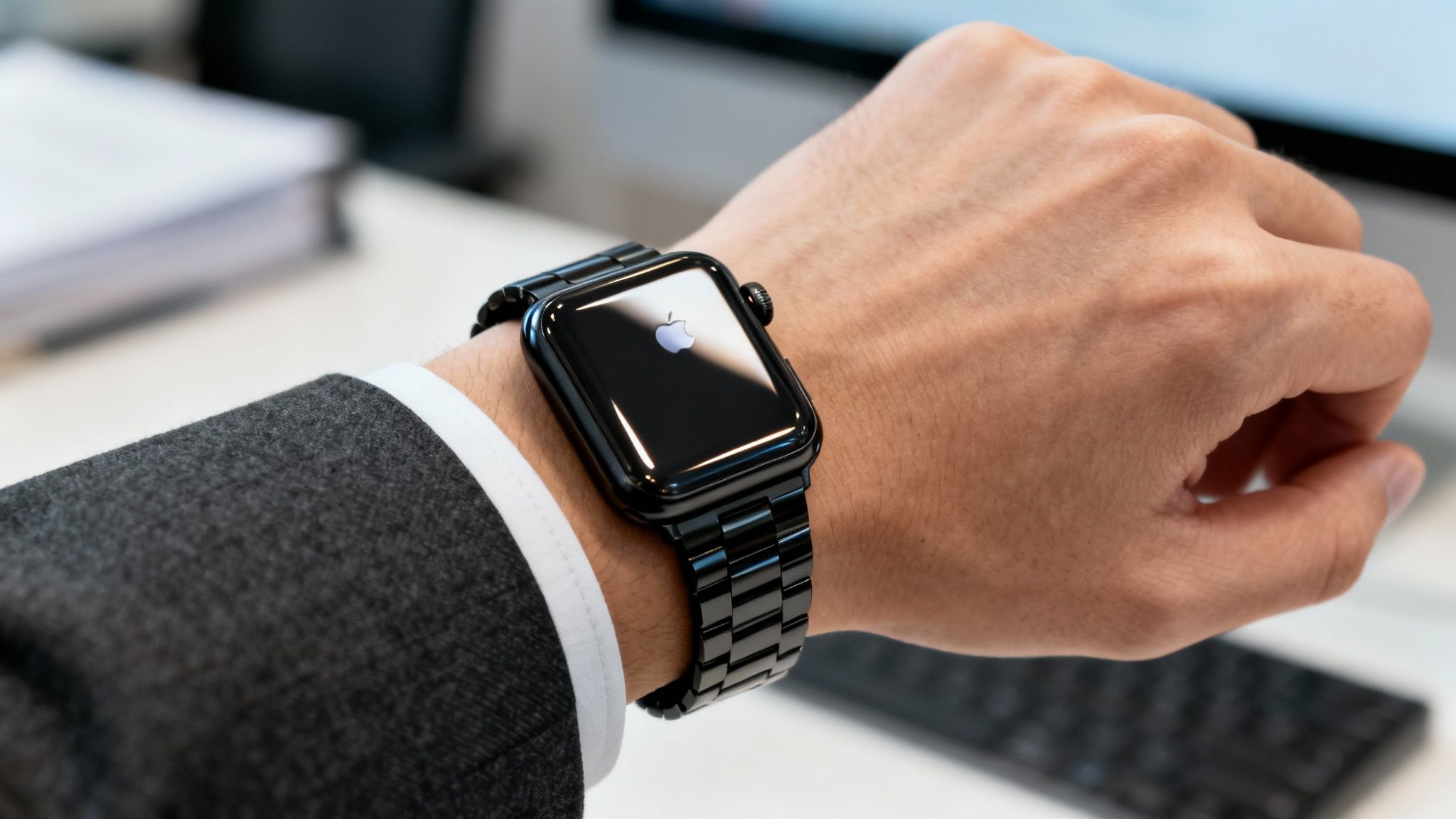 Close-up of a person wearing a black Apple Watch with a metal strap in an office setting.