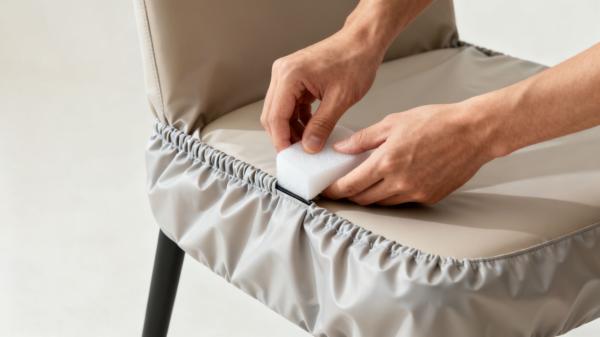 Hands adjusting a white foam insert under a grey waterproof chair cover on a beige chair.