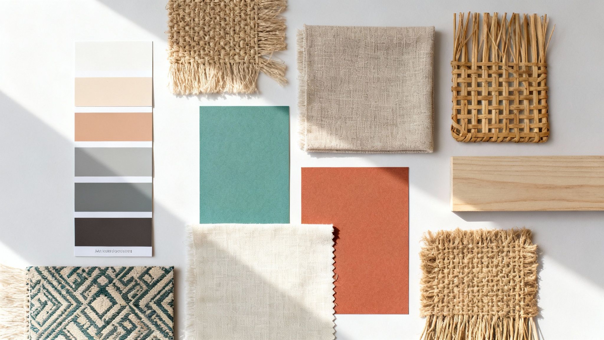 Contemporary coastal interior design mood board featuring natural textures, color palette, fabrics, and wood.