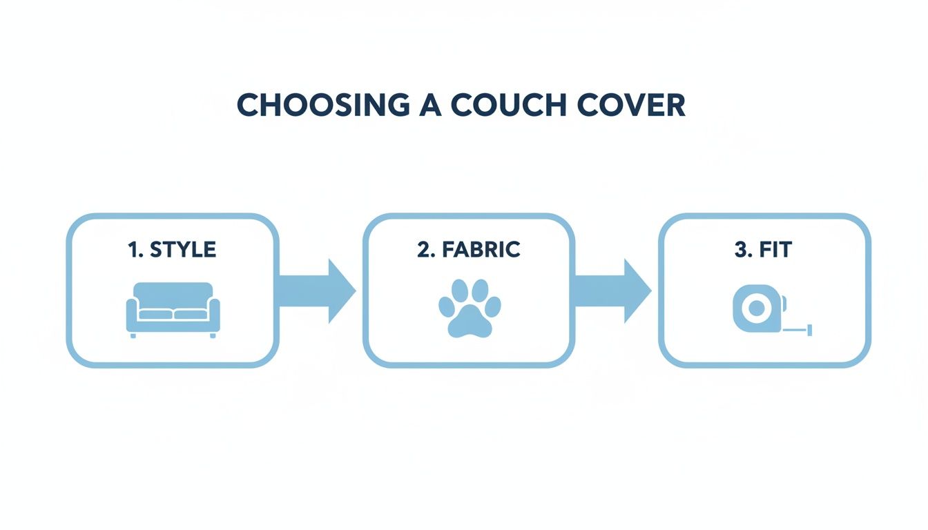 A flowchart detailing three steps to choose a couch cover: style, fabric, and fit.