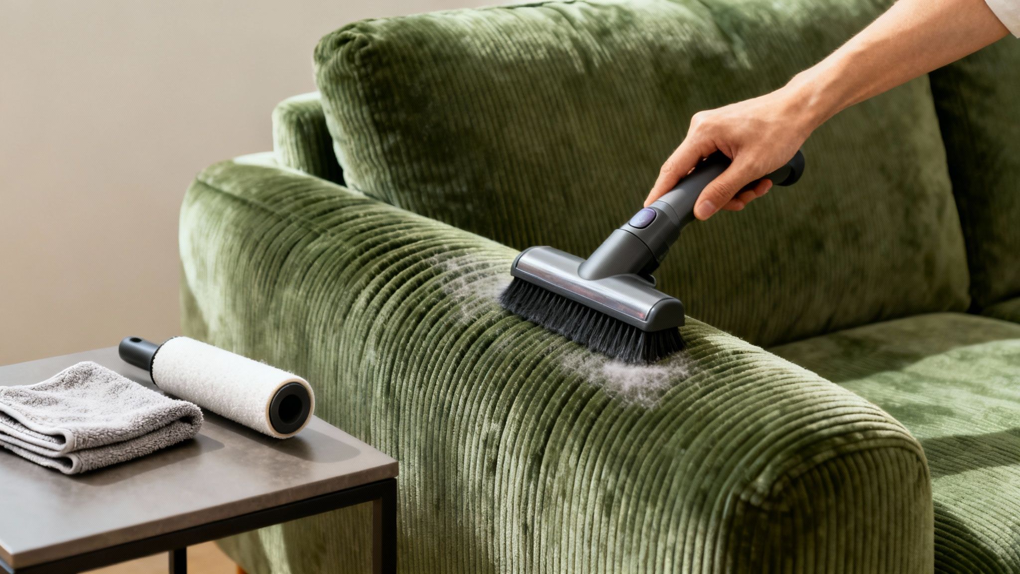 A hand uses a vacuum cleaner attachment to remove pet hair from a green corduroy couch.