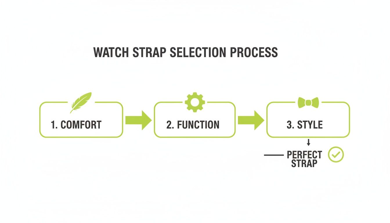 Flowchart illustrating the watch strap selection process, emphasizing comfort, function, and style for the perfect strap.