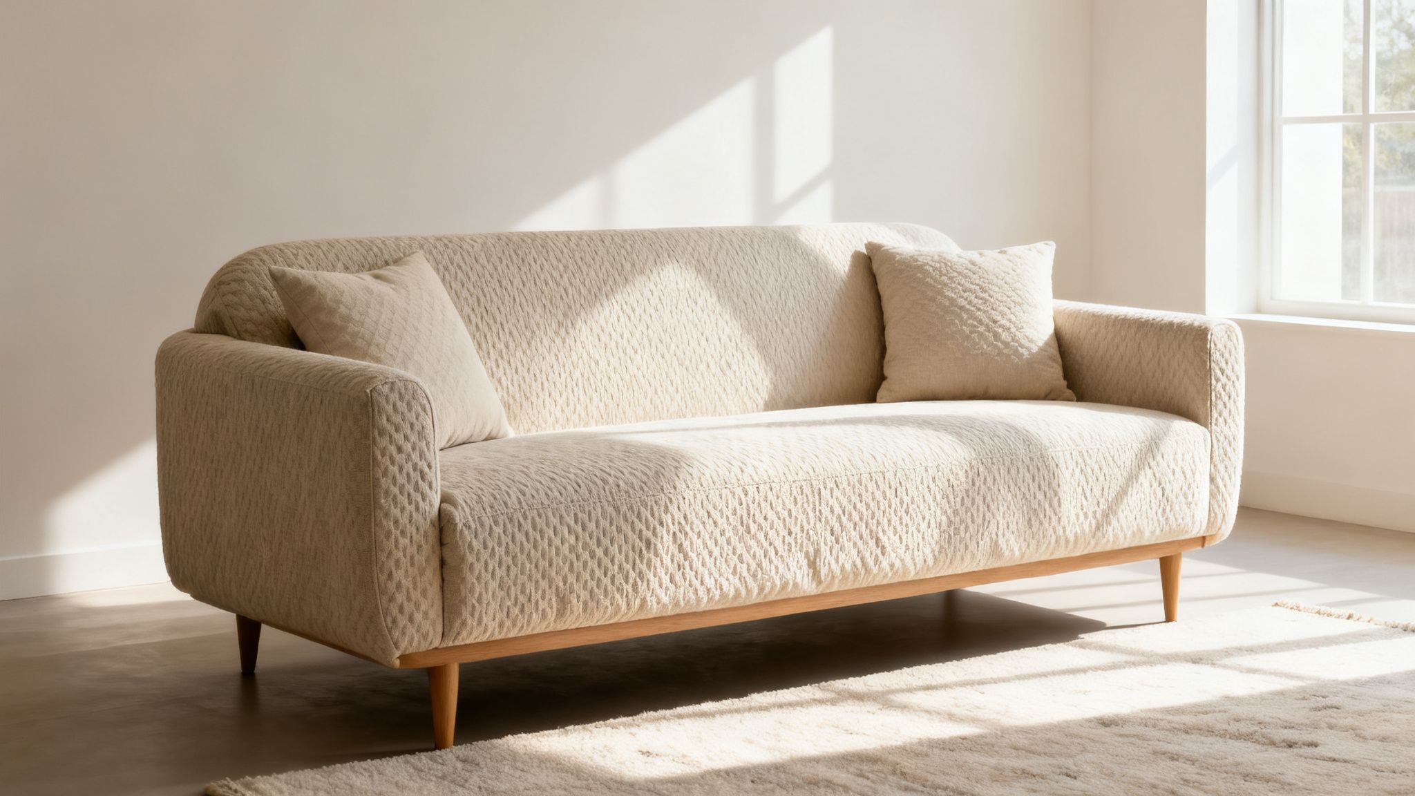 A light beige textured sofa with two pillows and wooden legs in a sunlit room.