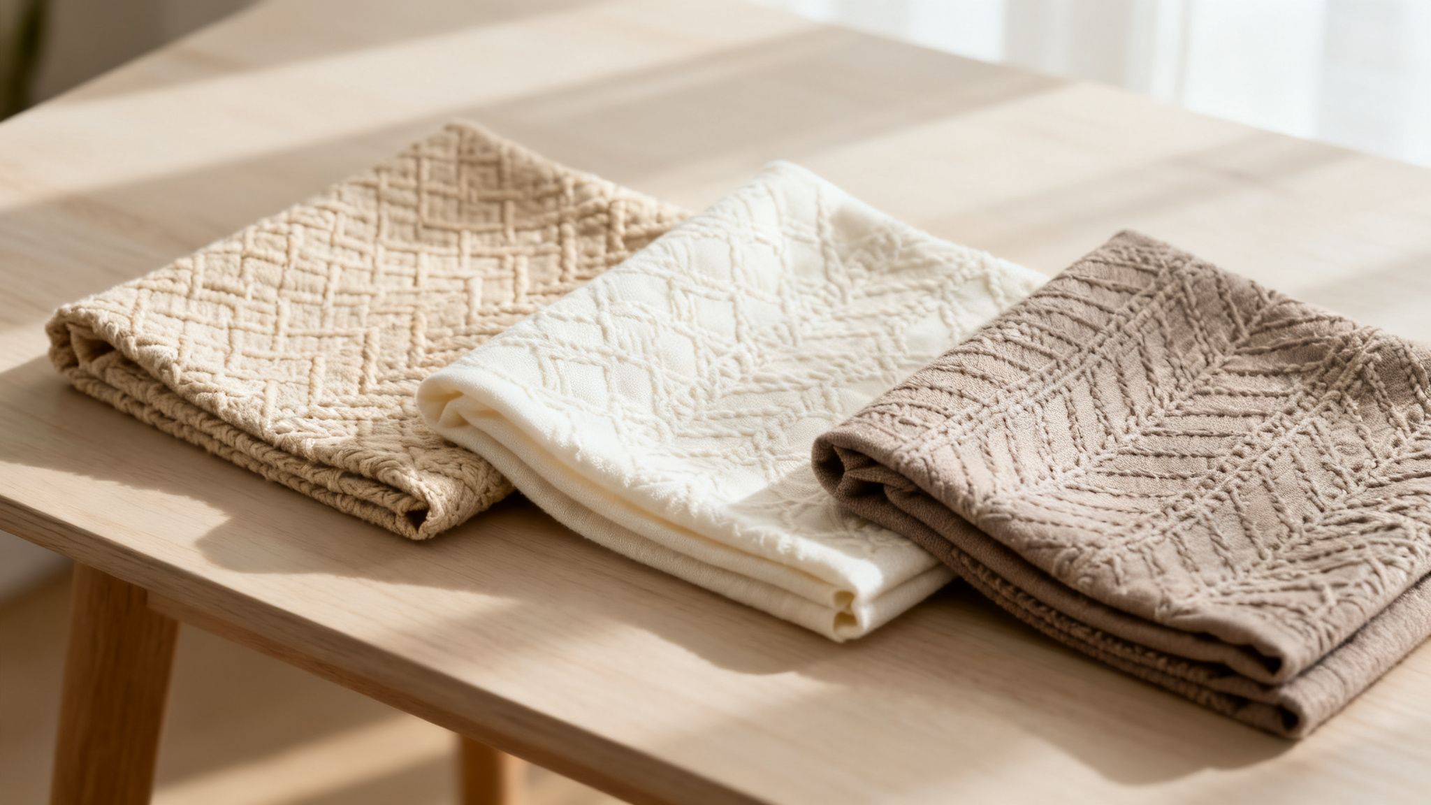 Three folded textured fabrics in beige, white, and brown, with intricate knit patterns, on a wooden table.