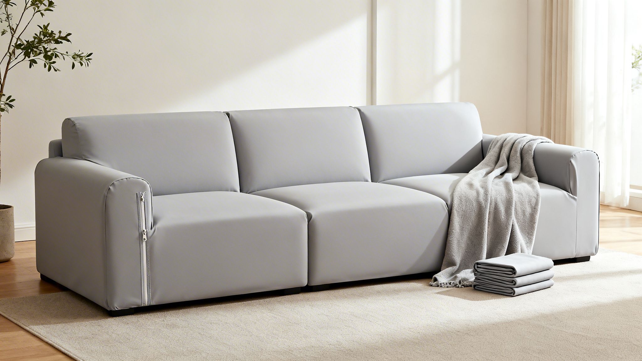A modern light gray modular sofa with a blanket, a plant, and folded items on a rug.
