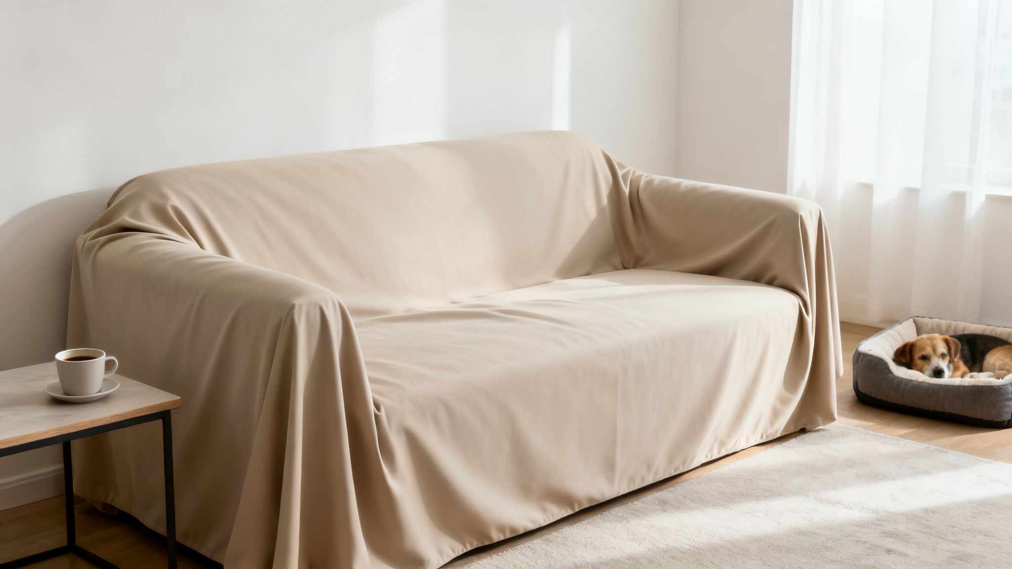 A cozy living room featuring a beige couch slipcover, a side table with coffee, and a sleeping dog.