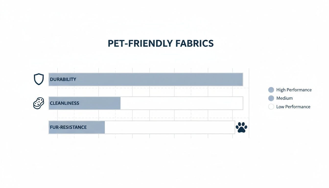Infographic detailing pet-friendly fabric performance in durability, cleanliness, and fur-resistance levels.