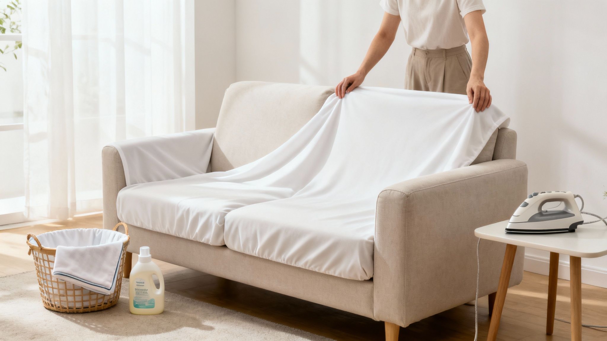 Une personne ajustant une housse blanche propre sur un canapé beige deux places dans un salon lumineux.