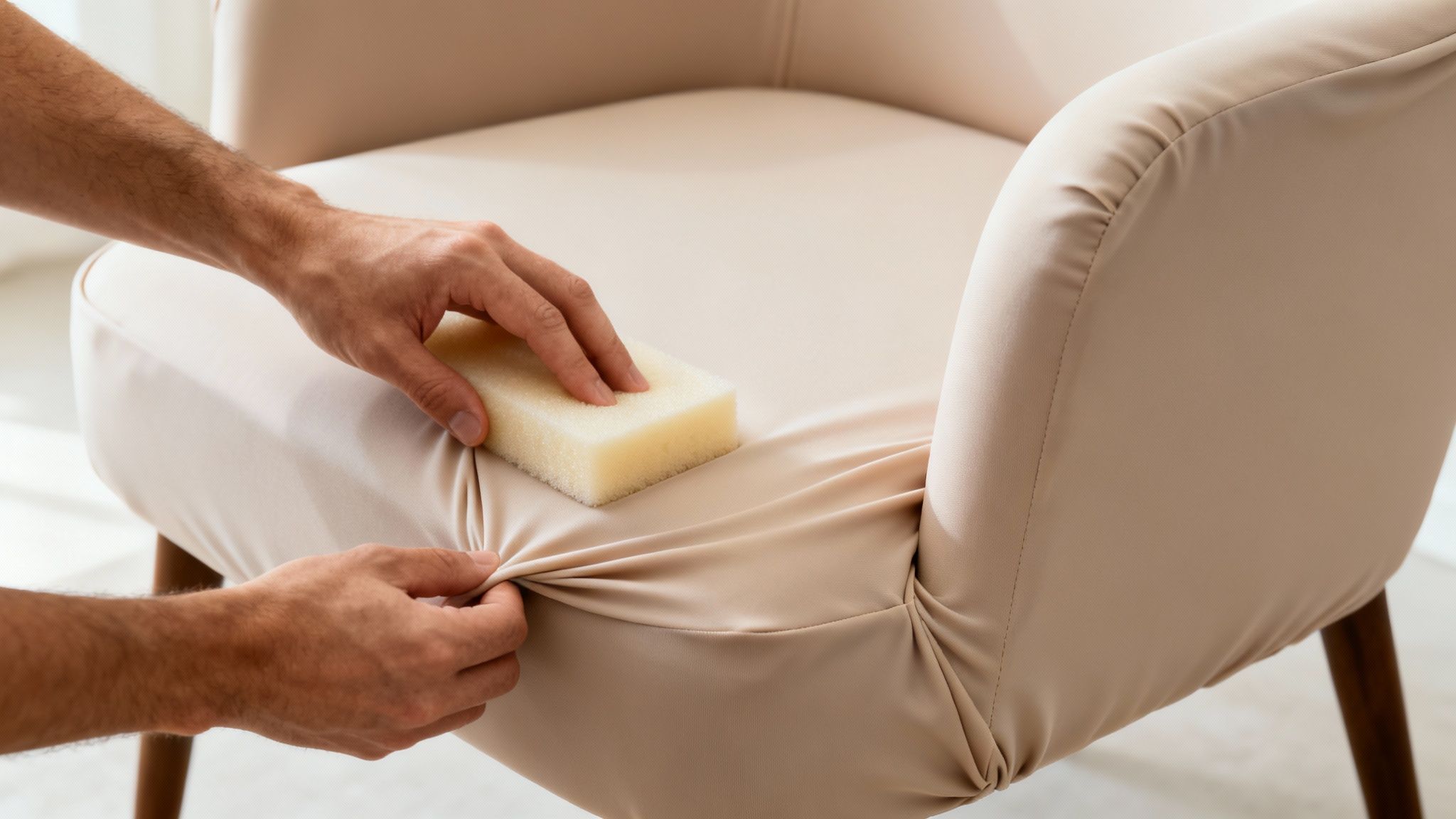 Close-up of hands fitting a beige stretch cover onto a chair while cleaning it with a sponge.