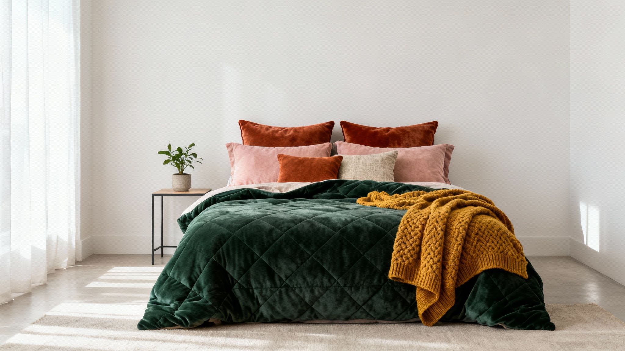 Modern bed featuring a dark green quilted velvet comforter, colorful pillows, and a knit throw.