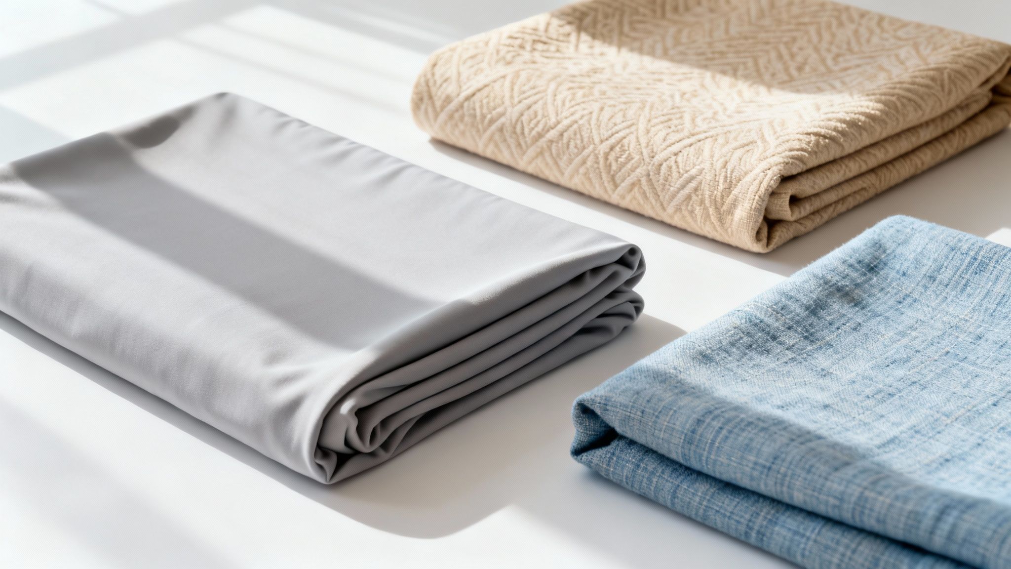 Three neatly folded fabrics in grey, textured beige, and blue linen on a white surface with shadows.