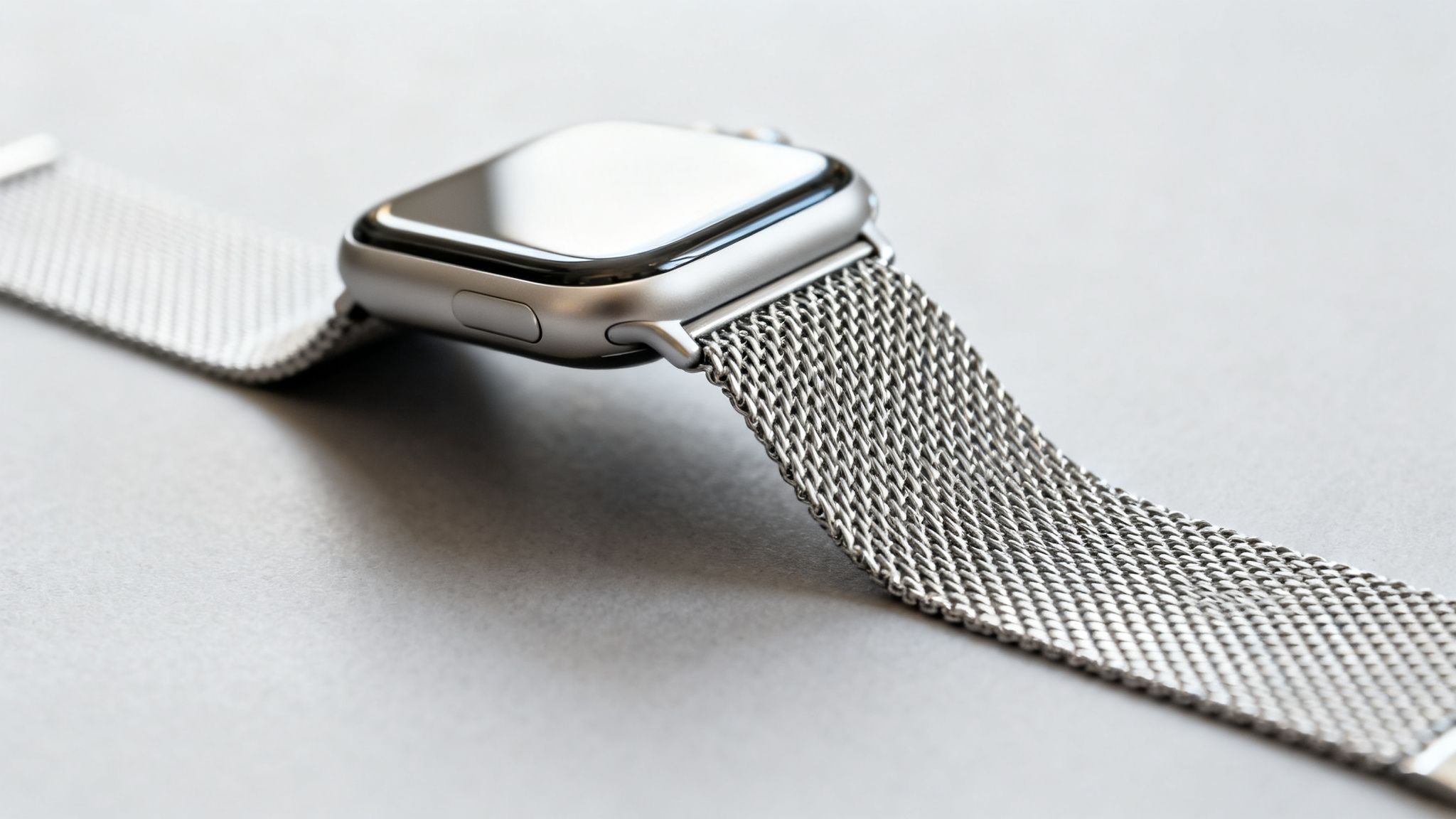 A close-up of a silver smartwatch featuring a glossy black screen and a metallic Milanese loop band.