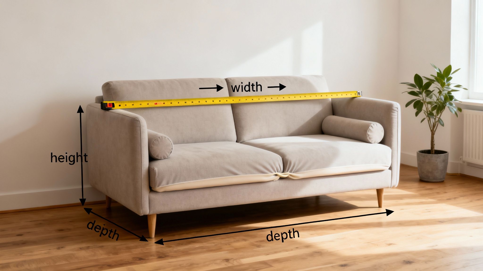 A beige two-seater sofa with a tape measure showing height, width, and depth for furniture dimensions.