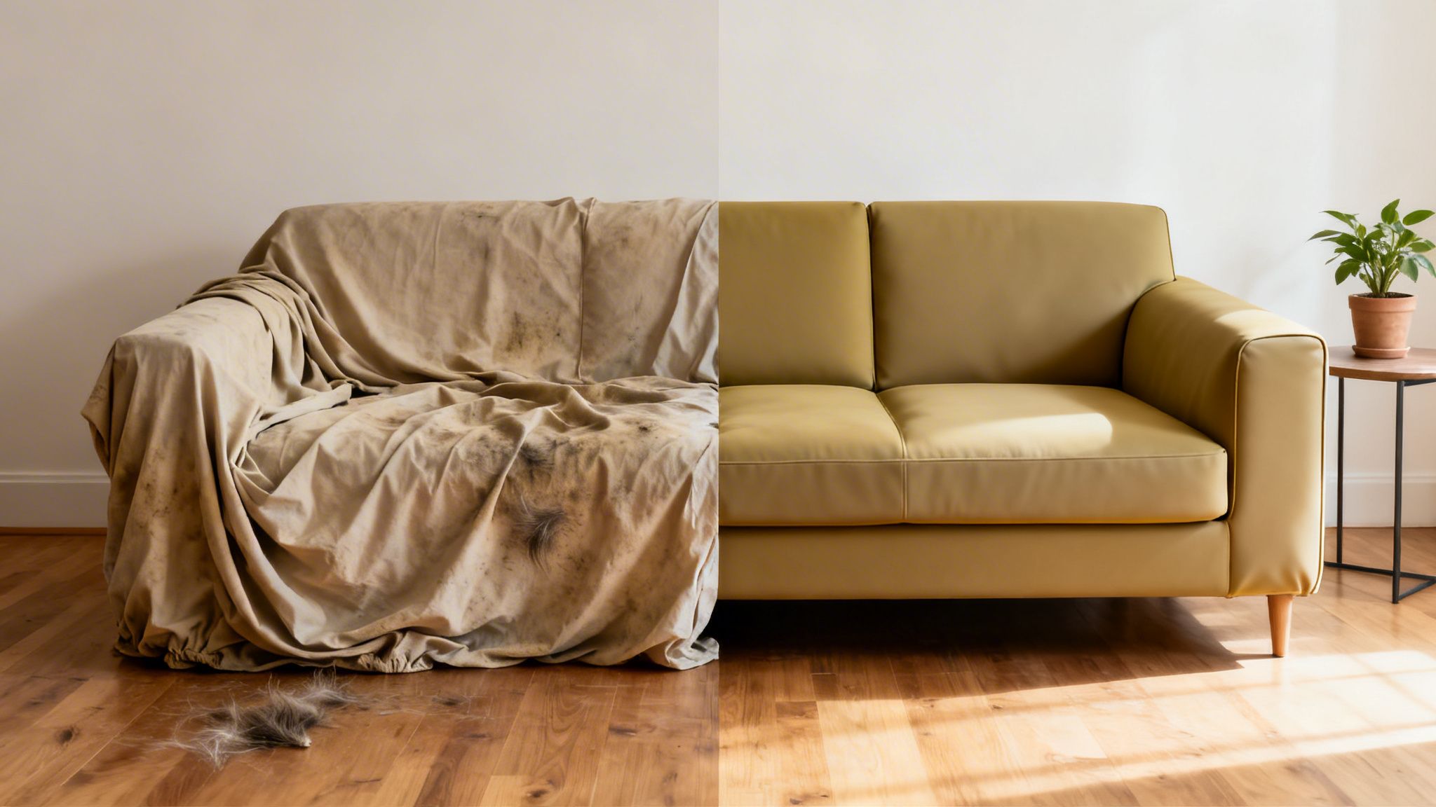 Split image showing a dirty, fur-covered sofa on the left and a clean, modern green sofa on the right.