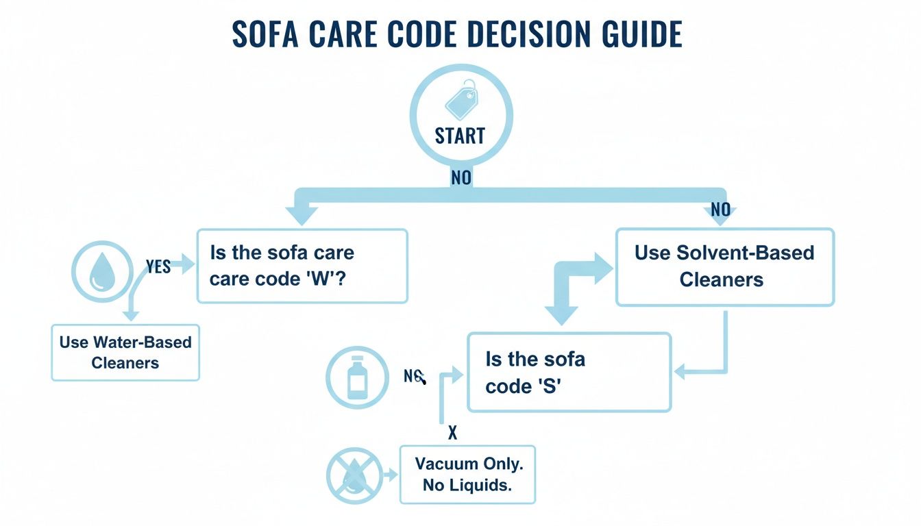 A flowchart decision guide for sofa care codes, showing water-based, solvent-based, or vacuum-only cleaning methods.