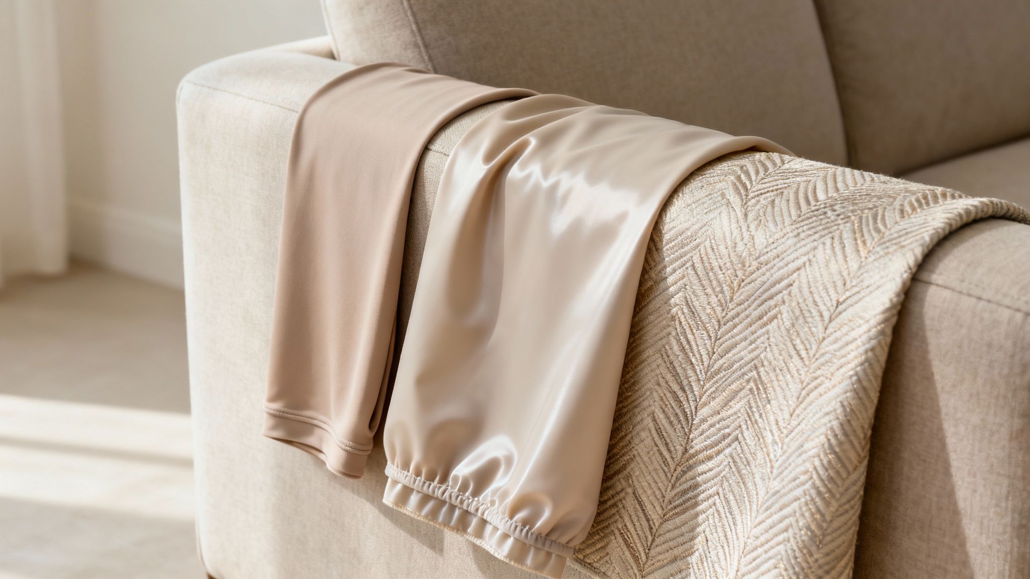 Three beige fabrics with different textures, including a herringbone pattern, draped over a sofa armrest.