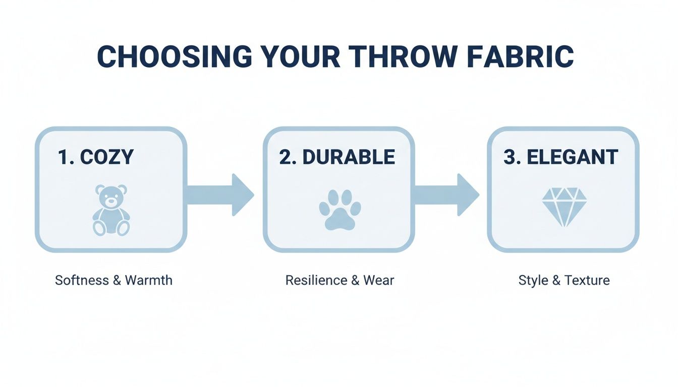 Infographic showing how to choose throw fabric based on coziness, durability, and elegance.