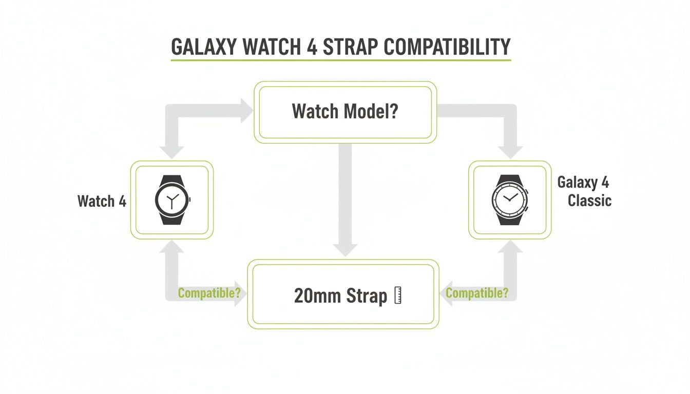 Flowchart showing Samsung Galaxy Watch 4 and Galaxy 4 Classic compatibility with 20mm watch straps.
