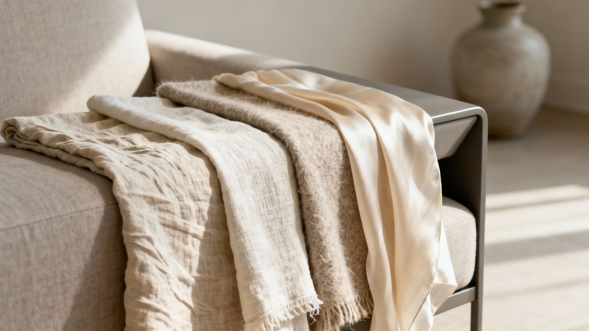 Warm, neutral-toned throws and blankets with varying textures draped on a contemporary sofa armrest.