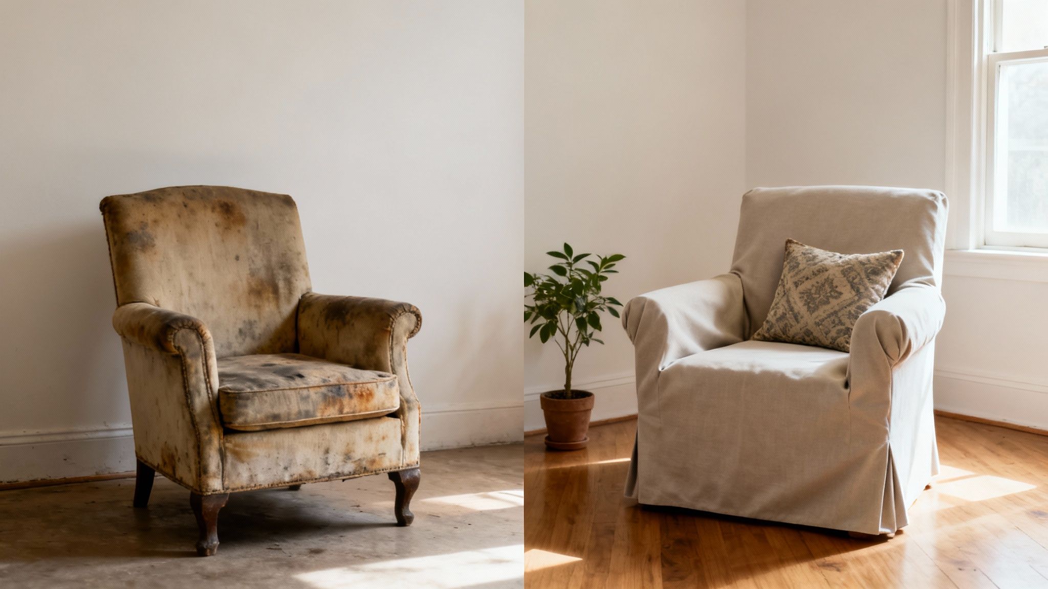Side-by-side image of an old, stained armchair next to a fresh one with a clean loose slipcover.