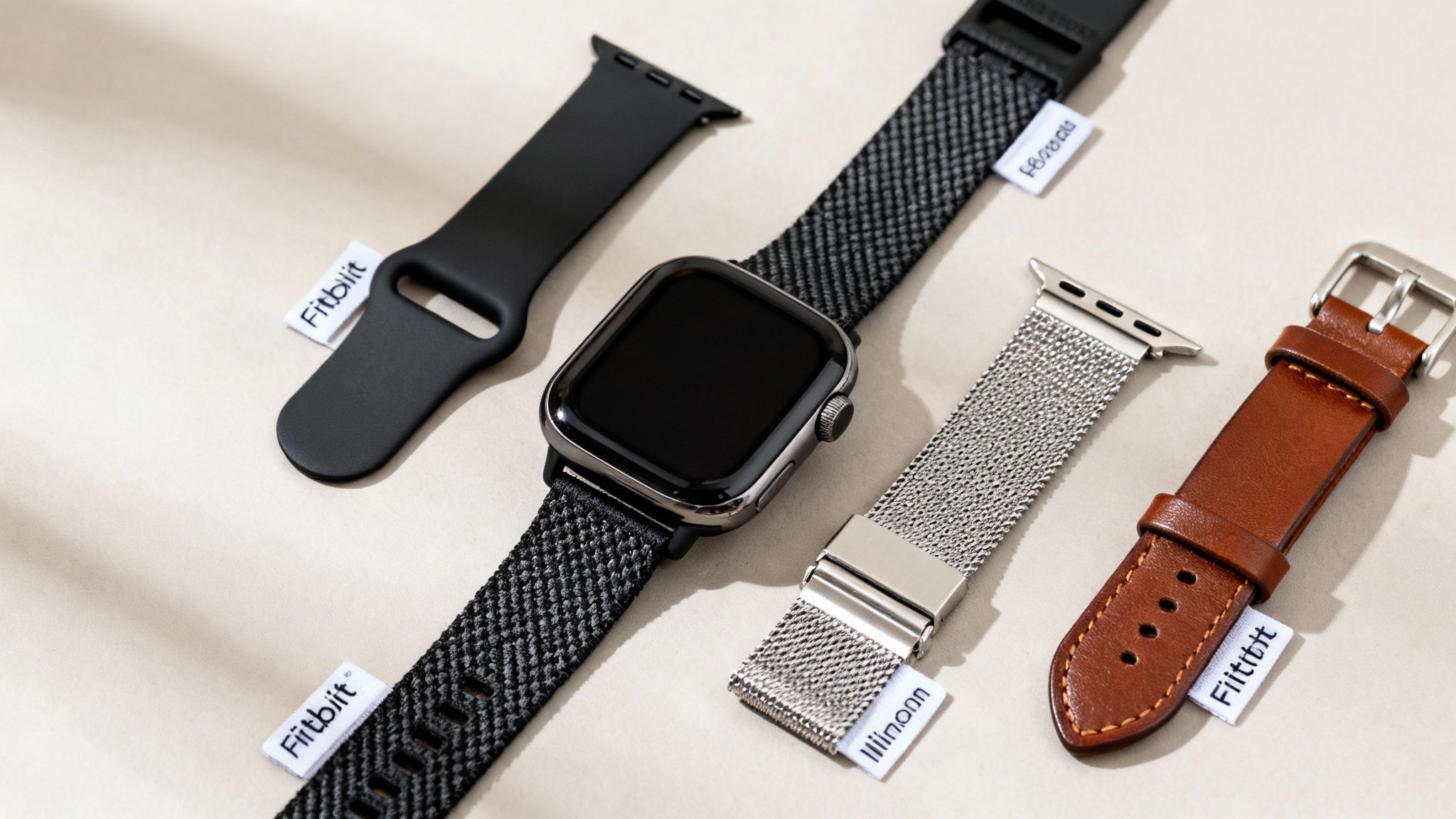 A smartwatch with various interchangeable straps: black silicone, black woven, silver mesh, and brown leather.